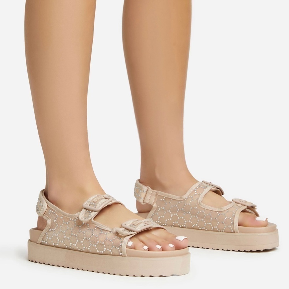 Corta DOUBLE BUCKLE STRAP DIAMANTE DETAIL FLAT DAD SANDAL IN NUDE MESH size 7